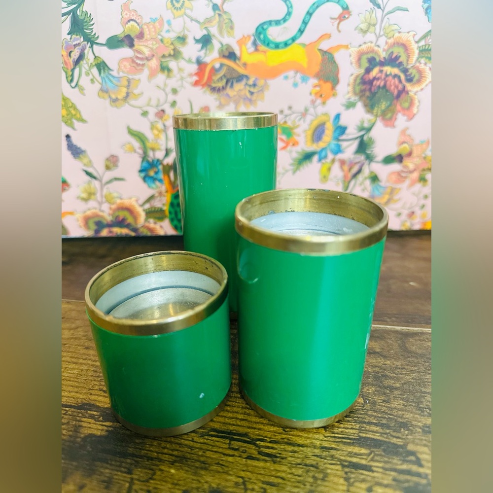 Vintage Brass And Green Votive Set Of 3